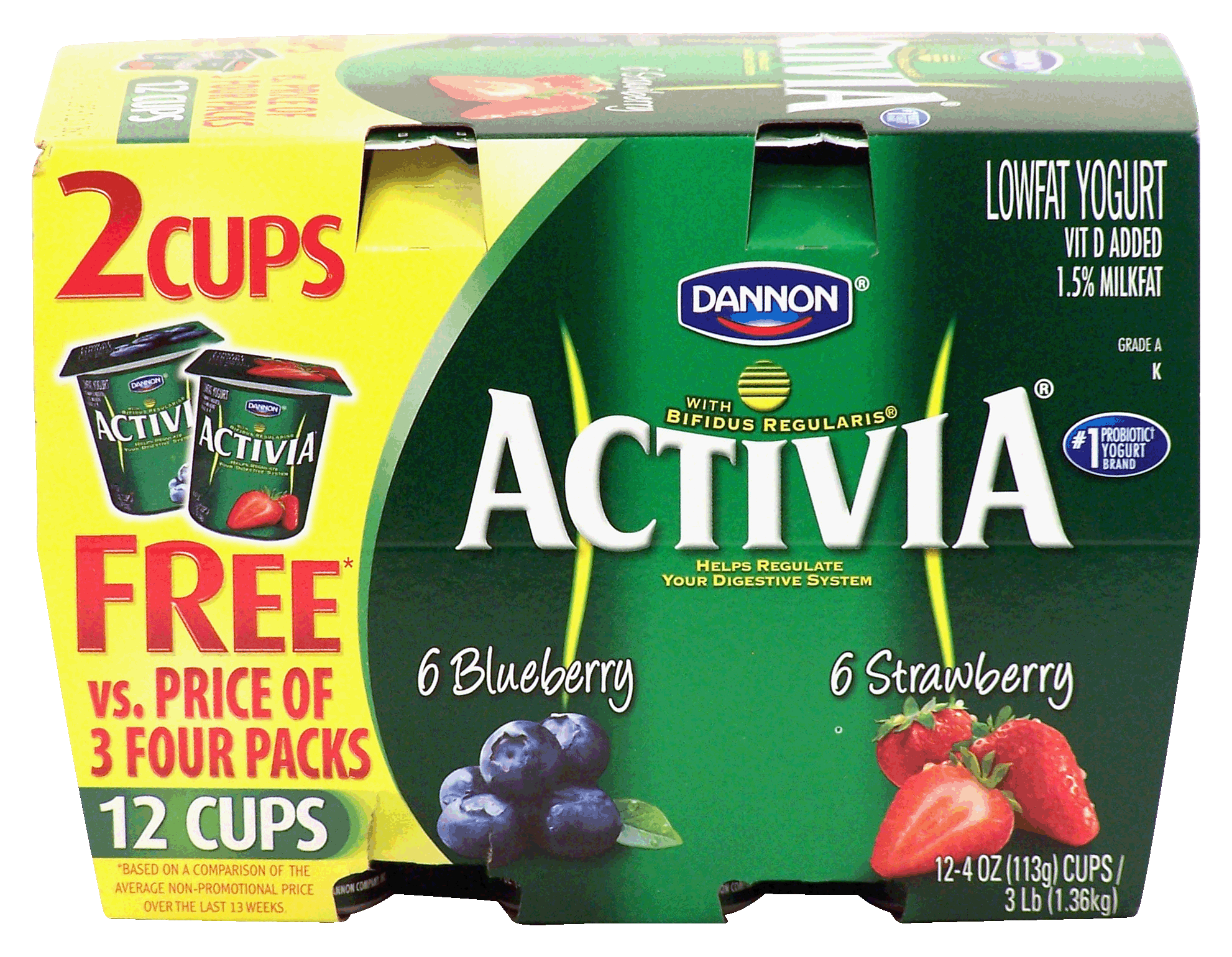 Dannon Activia lowfat yogurt, 4oz cups, 12ct, 6 blueberry, 6 strawberry Full-Size Picture